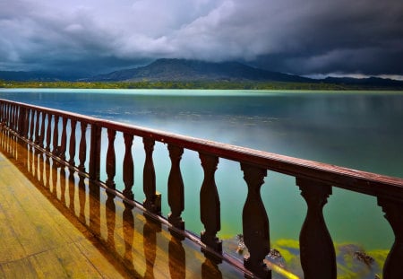 Stormy - storm, clouds, sea, terrace, stormy, colors, nature, rainy, view, rain, balcony, mountains, sky