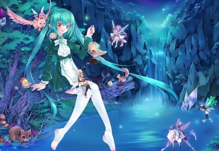 Fantasy World - beauty, sexy, hot, long hair, water, wings, aqua hair, anime girl, stunning, forest, pretty, beautiful, animal, fairy, cute