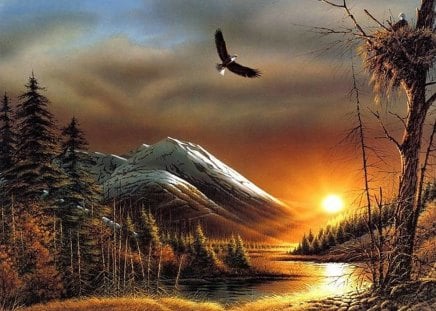 Nature painting - nature, painting, art, sunset, river abstract, bird