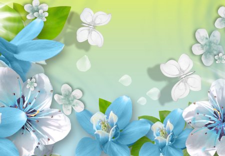 Summer Romance - scatter, summer, flower petals, white, butterfly, blue, green, flowers, firefox persona