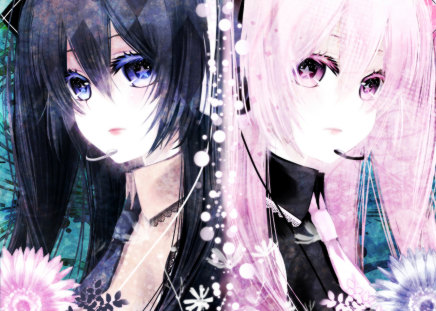 miku and luka - girls, blue eyes, long hair, pink hair, flowers, black hair