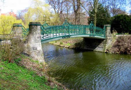 Stream Bridge - stone, trees, river, stream, steel, iron, bridge