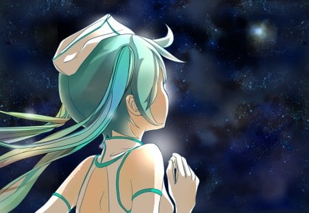 Looking at the Stars - aqua, hot, music, anime girl, white, art, cool, dark, aqua eyes, artistic, hatsune miku, sexy, light, song, vocaloids, program, glow, vocaloid, beautiful, hope, uniform, diva, beauty, nice, sky, hat, twintail, singer, aqua hair, black, virtual, pretty, idol, clouds, anime, miku, cute, moon, stars, girl, night, cg, hatsune, blue, awesome, digital, outfit