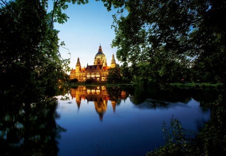 Beautiful Reflection - lake, building, trees, hall, reflection, city, rathaus, neues, hanover, germany