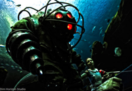 Bioshock  - big daddy, bioshock, ocean, fan art, video games, little sister