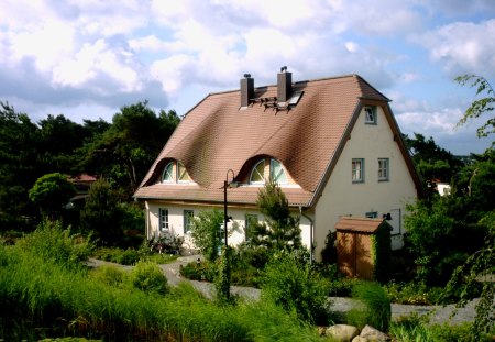 Quaint Hotel - house, jaromar, unique, pond, bushes, home, furst, bicycle, lake, hotel