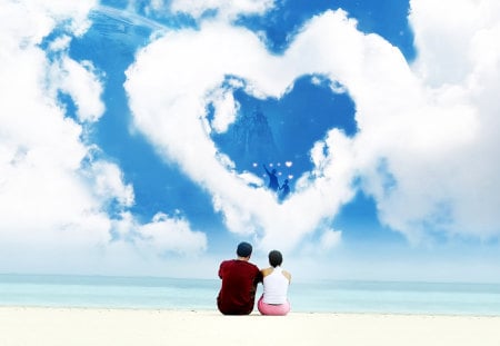 Romantic Dreams - love, sitting on beach, hearts, abstract, romantic, celestial sky, clouds