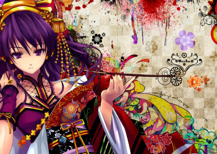 Misaki Kuehito - beauty, sexy, hot, long hair, colorful, purple hair, anime girl, stunning, pretty, beautiful, kimono, japanese clothes, cute