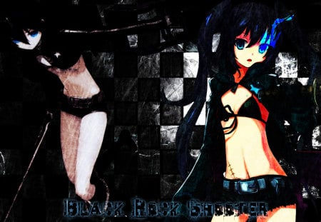 Black★Rock Shooter - pretty, movie, weapon, nice, bikini top, blue eyes, hot, thighhighs, sword, beauty, blade, white, cute, aqua eyes, shorts, sexy, anime, twintail, checkered, aqua, black rock shooter, ova, bikini, katana, anime girl, beautiful, girl, cool, black, awesome, black hair, jacket, brs