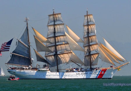 the us coastguard - coastguard, flag, navy, sailship, sea, boat