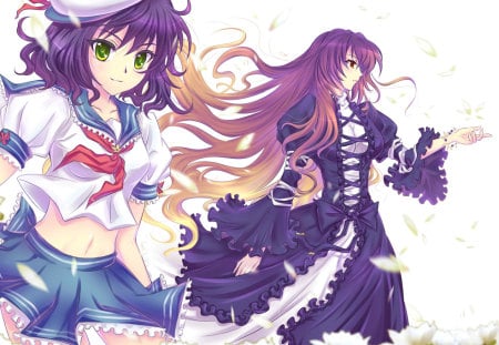 Hijiri & Murasa - pretty, female, dress, two girls, flowers, touhou, murasa minamitsu, hat, anime girl, cherry blossom, hot, cool, sweet, hijiri byakuren, school uniform, cute, hijiri and murasa, sexy