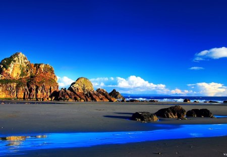 Dark sandy beach - sand, sky, beach, sea, blue