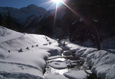 Winther Sun - stream, winther, snow, sun