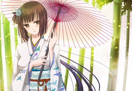 Anime - anime, girl, kimono, flower, pink, bamboo, short hair, umbrella, pin, ribbon, bow