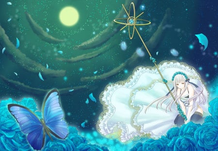 Anime - stars, roses, girl, headband, night, staff, gown, butterfly, bow, petals, blue, anime, ribbon, flowers, dress