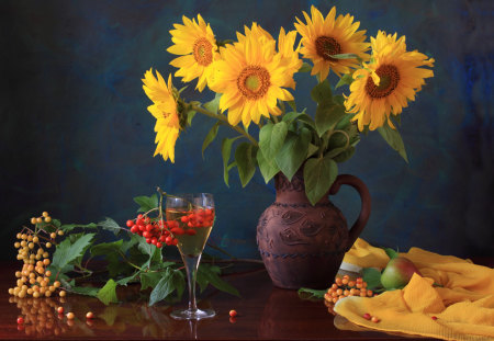 sunflowers & berries - sunflowers, yellow, red berries, still life