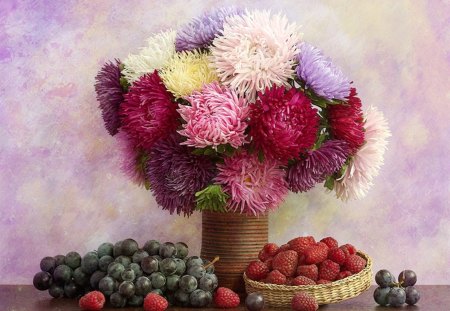 still life - pretty, chrysanthemums, photo, flowers, fruit, nice, vase, beautiful, photography, beauty, colors, lovely, cool, still life, flower, bouquet, raspberries, harmony, grapes, autumn, chrysanthemum