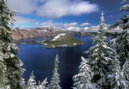 the wizard of awe wizard island crater lake na other - trees, water, blue, beach, lae, babe, nature, land, sky