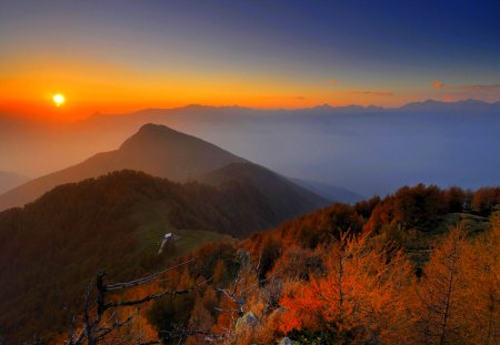 AUTUMN SUNSET - sky, autumn, mountain, clouds, fog, sunset, twigs