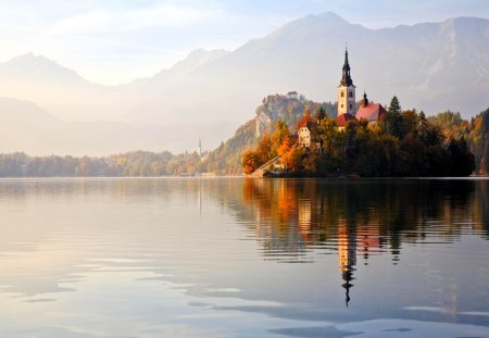 CHURCH On ISLAND - hill, lake, church, reflection, mountain