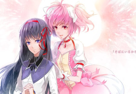 Akemi & Kaname - female, two girls, angel, mahou shoujo madoka magica, ribbon, pink hair, anime girl, akemi homura, twintails, hair band, sweet, hair bow, necklace, kaname madok, cute, bow, gloves