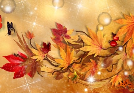 Falls Fantasy - autumn, bubbles, berries, gold, fall, seasons, leaves, orange, colors, firefox persona, butterflies