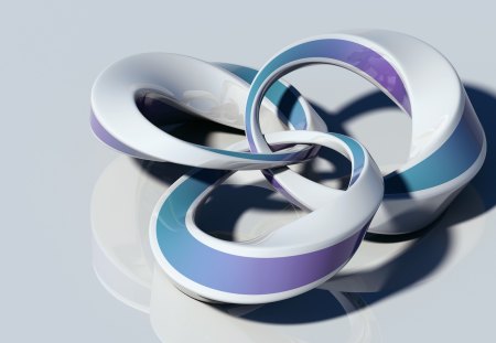 Three are Connected as One - abstract, white, mobius strips, 3d, reflection, connected