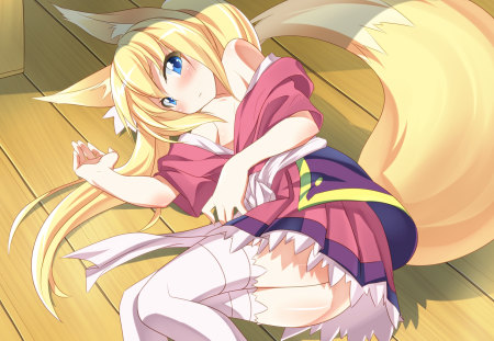 Cute Fox girl - bra, pretty, blushing, animal ears, original, tail, stunning, blue eyes, anime girl, foxgirl, beautiful, hot, blush, blonde hair, beauty, cute, thigh highs, sexy