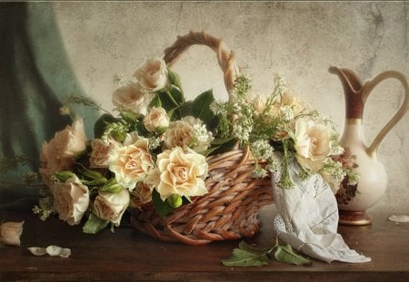 still life - pretty, elegantly, roses, photo, flowers, old, nice, gently, delicate, beautiful, photography, beauty, lace, lovely, cool, still life, flower, petals, bouquet, jug, harmony, basket, nature, rose