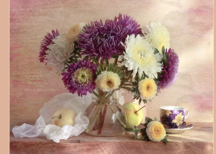 still life - pretty, elegantly, chrysanthemums, china, photo, flowers, fruit, nice, water, beautiful, photography, beauty, lovely, cool, still life, flower, bouquet, jug, harmony, autumn, chrysanthemum, apple, cup