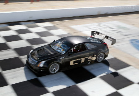 cadillac ctr race car - silver alloys, race modified, race car, black, race track, front engine, chequered grid, two seater