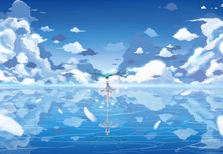 Hatsune Miku - pretty, artistic, nice, program, thighhighs, beauty, virtual, cg, white, cute, aqua eyes, feathers, song, bird, vocaloid, anime, blue, twintail, dress, hatsune miku, music, aqua, art, sky, idol, clouds, anime girl, water, beautiful, sea, singer, girl, cool, ocean, black, miku, awesome, diva, digital, aqua hair, hatsune, vocaloids