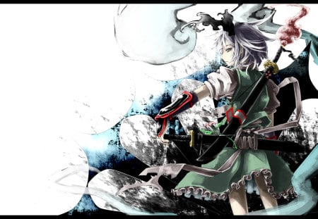 touhou - short hair, ciel, warrior, green, dress, katana, colors, blue eyes