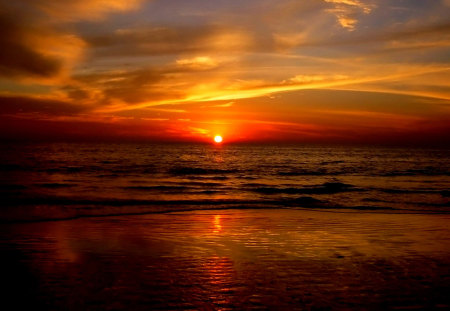 Ocean Sunset - sky, ocean, beach, luminous, sunset, nature, beautiful, clouds, red, sea