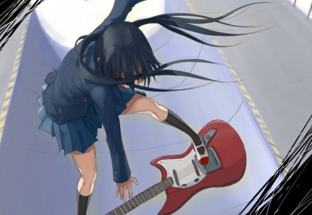 K-on - nakano azusa, guitar, long hair, uniform, black, black hair