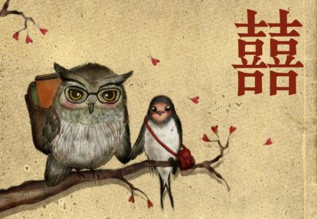 Owl and Friend - owl, friends, swallow, japanese