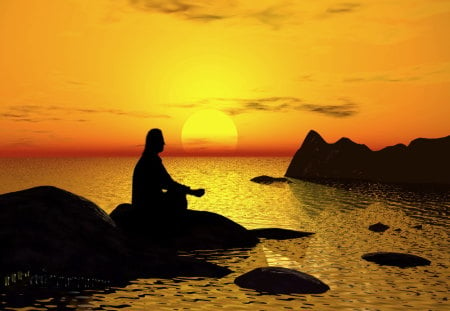 Meditation - meditation, sunset, water, golden sky, man, rocks