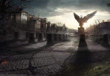 A memory for the falen ones - nice, death, loliness, rip, angel, tombstone, day, cementery, wings, original, path, mist, hd, real, lonely, clouds