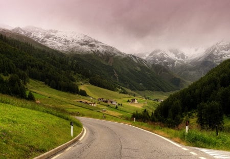 Road To The Mountains - beauty, sky, valley, trees, peaceful, mountains, road, view, clouds, architecture, green, house, tree, grass, houses, landscape, way, lovely, nature, village, woods, forest, snow, beautiful, splendor, colors