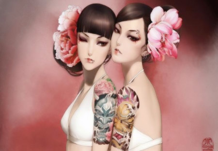 Twin Girls Tattoo - pretty, chinese girls, tattoo, anime girl, female, flowers head, original, hot, twin girls tattoo, two girls, cool, jx online, twins, lip, sexy, zhang xiaobai