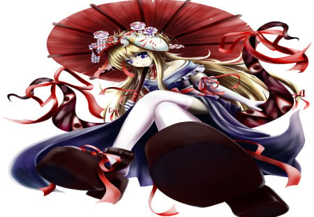 Yahkumo Yukari - sexy, hot, mask, original, touhou, fox mask, bow, cool, blonde hair, umbrella, hair flowers, ribbon, flowers, yahkumo yukari