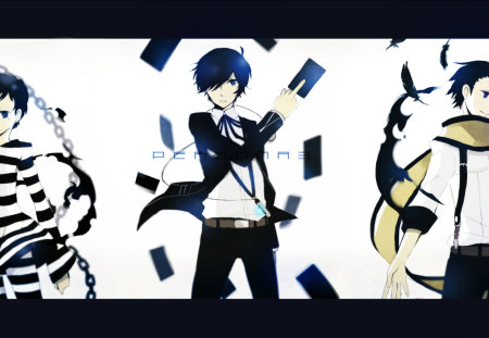 Death's Cycle - persona 3, minato arisato, ryoji mochizuki, headphones, blue hair, pharos, prison outfit, video game, blue eyes, mp3 player, persona, cards, school uniform, chains, scarf, shin megami tensei, feathers