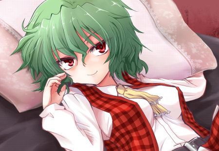 kazami yuuka - touhou, pillow, cute, green hair, red eyes