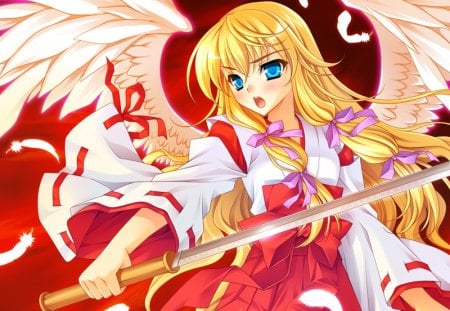 Saginomiya Hiori - anime, girl, blonde, angel, kimono, saginomiya hiori, ribbon, weapon, feathers, bow