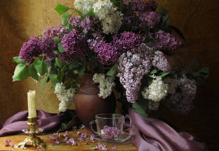 Still Life - pretty, romantic, white lilac, lilac, romance, spring, flowers, candles, vase, beautiful, photography, candle, beauty, colors, lilacs, lovely, still life, petals, white, nature, white lilacs, cup