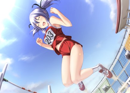 Kudou Nono - clouds, anime, anime girl, kudou nono, girl, cool, mirai nostalgia, kawai, smile, cute, jump, gym uniform, sexy, sky