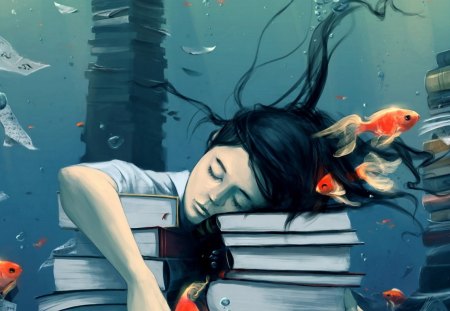 Dreaming..... - girl, tired of studying, hair, gold fishes, books, dream