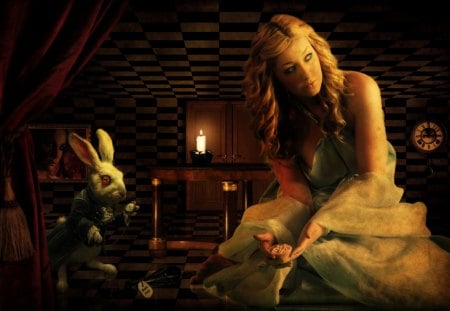 alice and white rabbit - alice, rabbit, girl, dark, fantasy