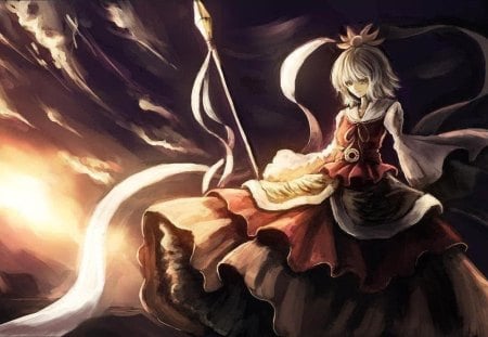 toramaru shou - sunset, touhou, dress, girl, spear