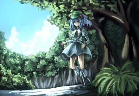 kawashiro nitori - game, trees, touhou, blue hair, dress, sky